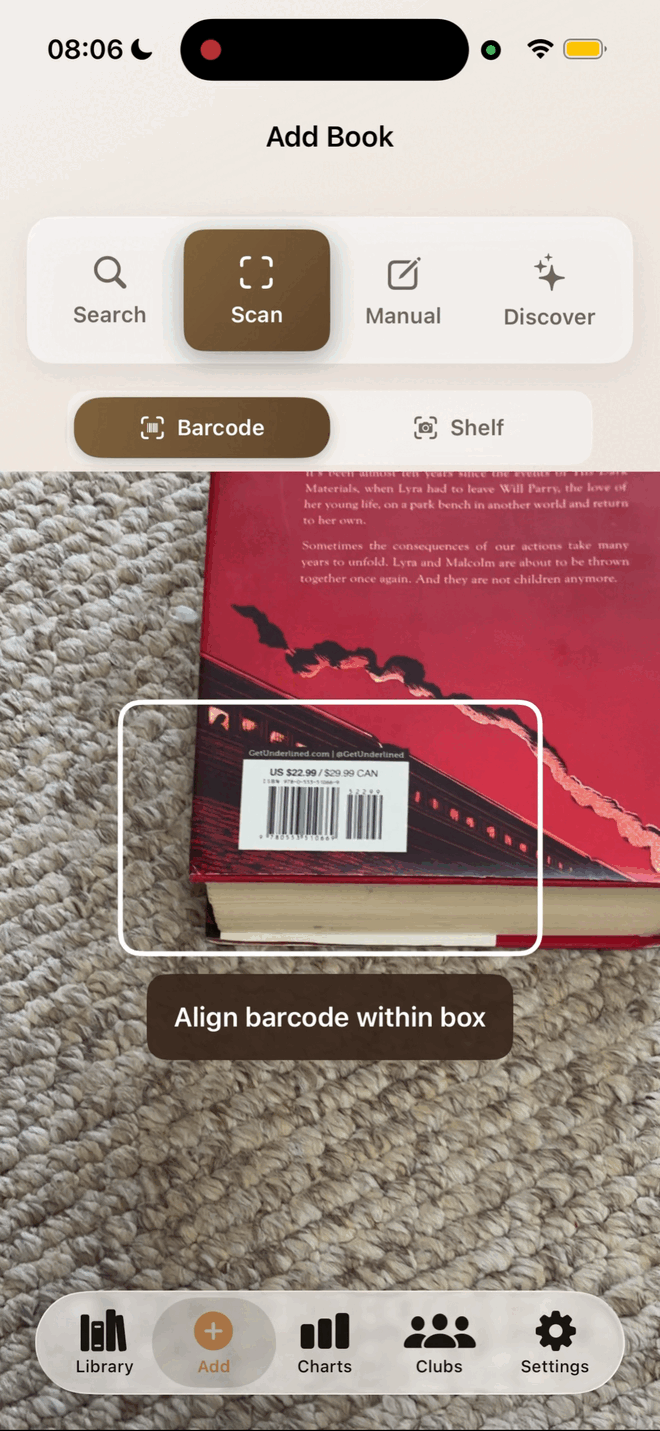 Scanning a book barcode to add it