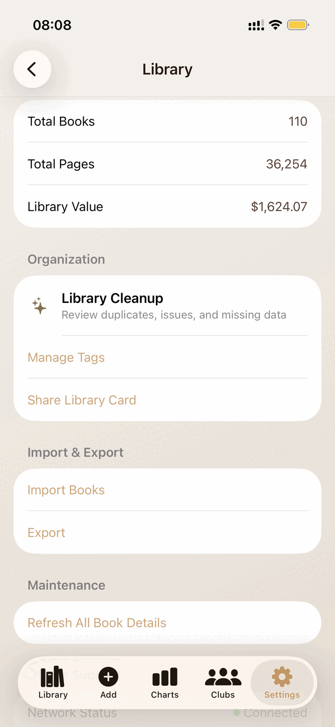 Reading stats: books, pages, and library value