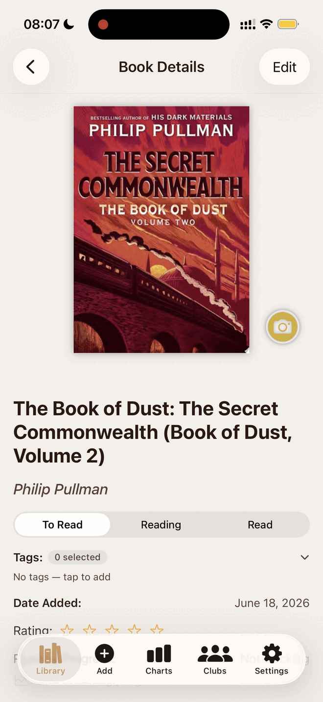 Book details with reading status and tags